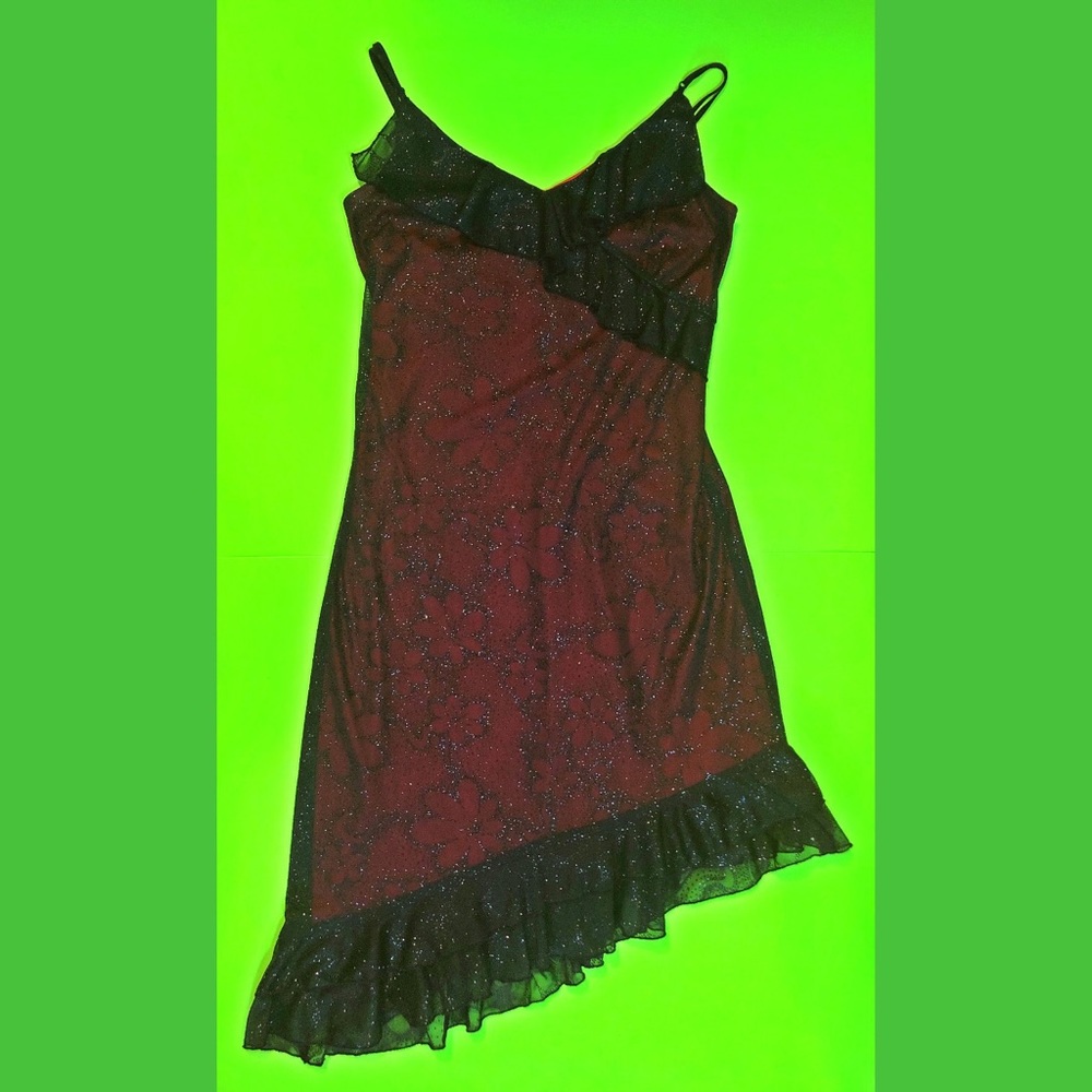 Vintage 90s floral sparkle dress m red black mesh